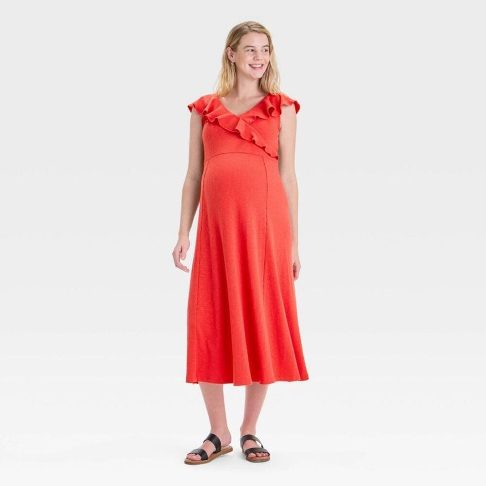 Flutter Short Sleeve Knit Midi Maternity Dress - Coral Red S